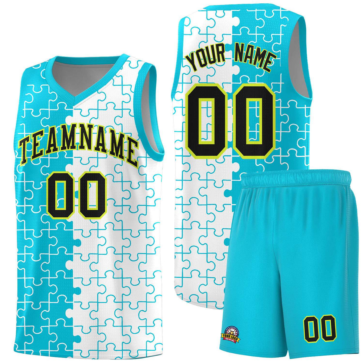 Custom Sky Blue White Splid Basketball Kits With Puzzle Pattern