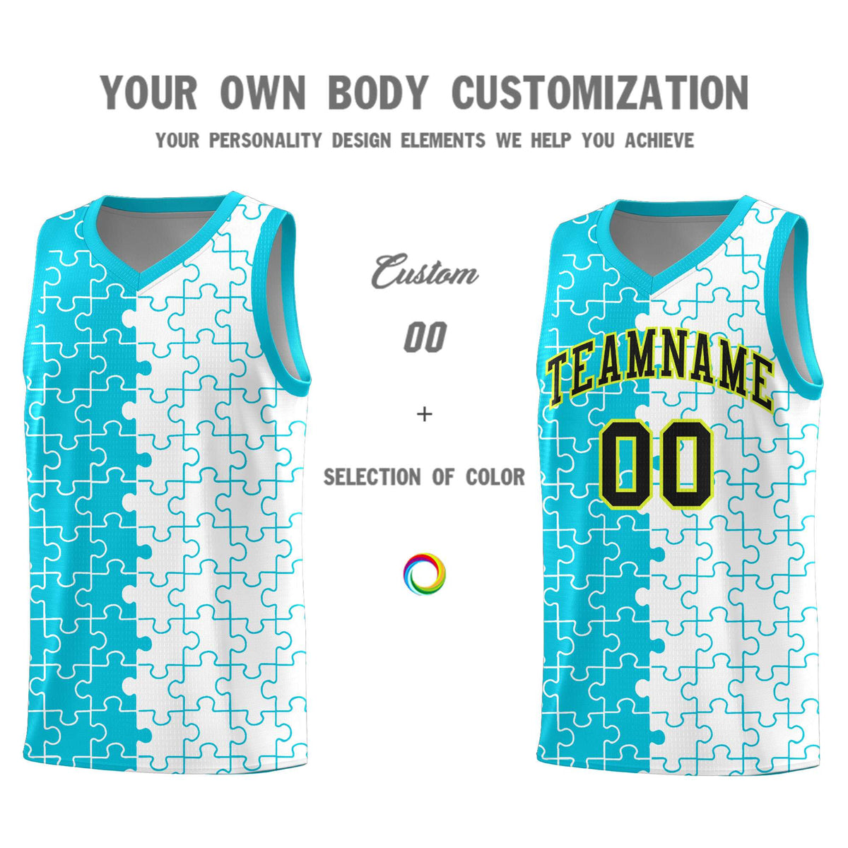 Custom Sky Blue White Splid Basketball Kits With Puzzle Pattern