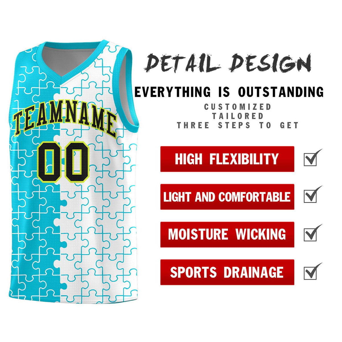 Custom Sky Blue White Splid Basketball Kits With Puzzle Pattern