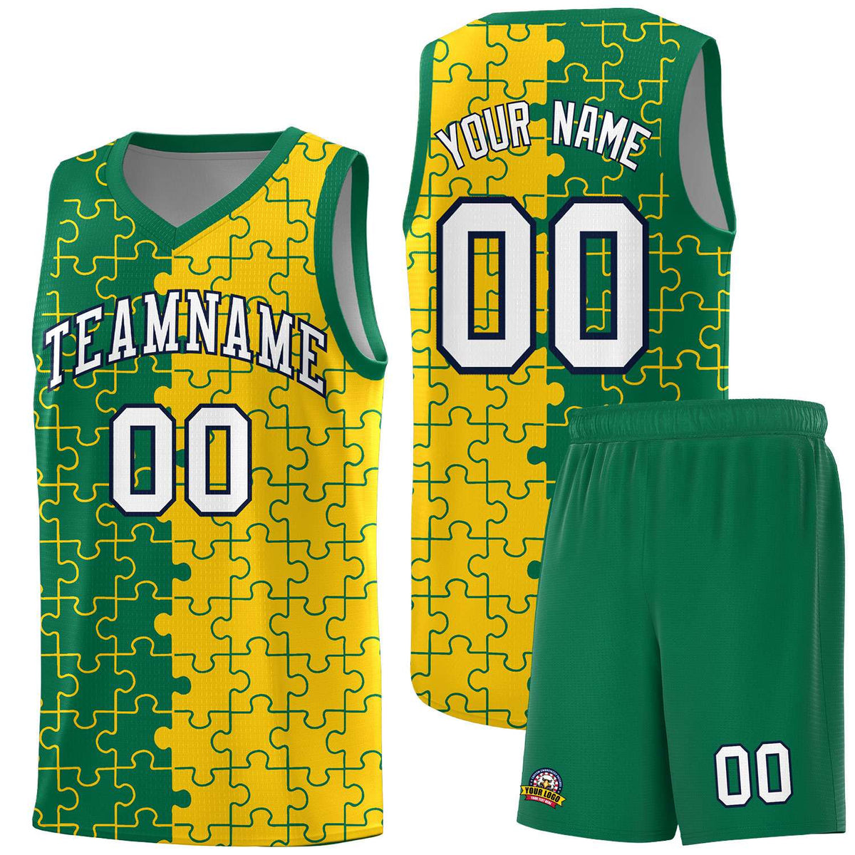 Custom Kelly Green Gold Splid Basketball Kits With Puzzle Pattern