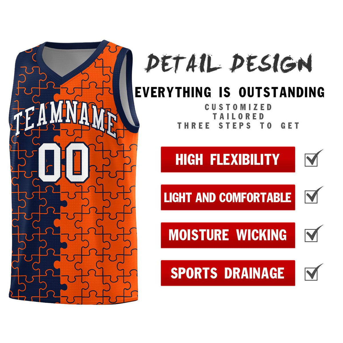 Custom Navy Orange Splid Basketball Kits With Puzzle Pattern