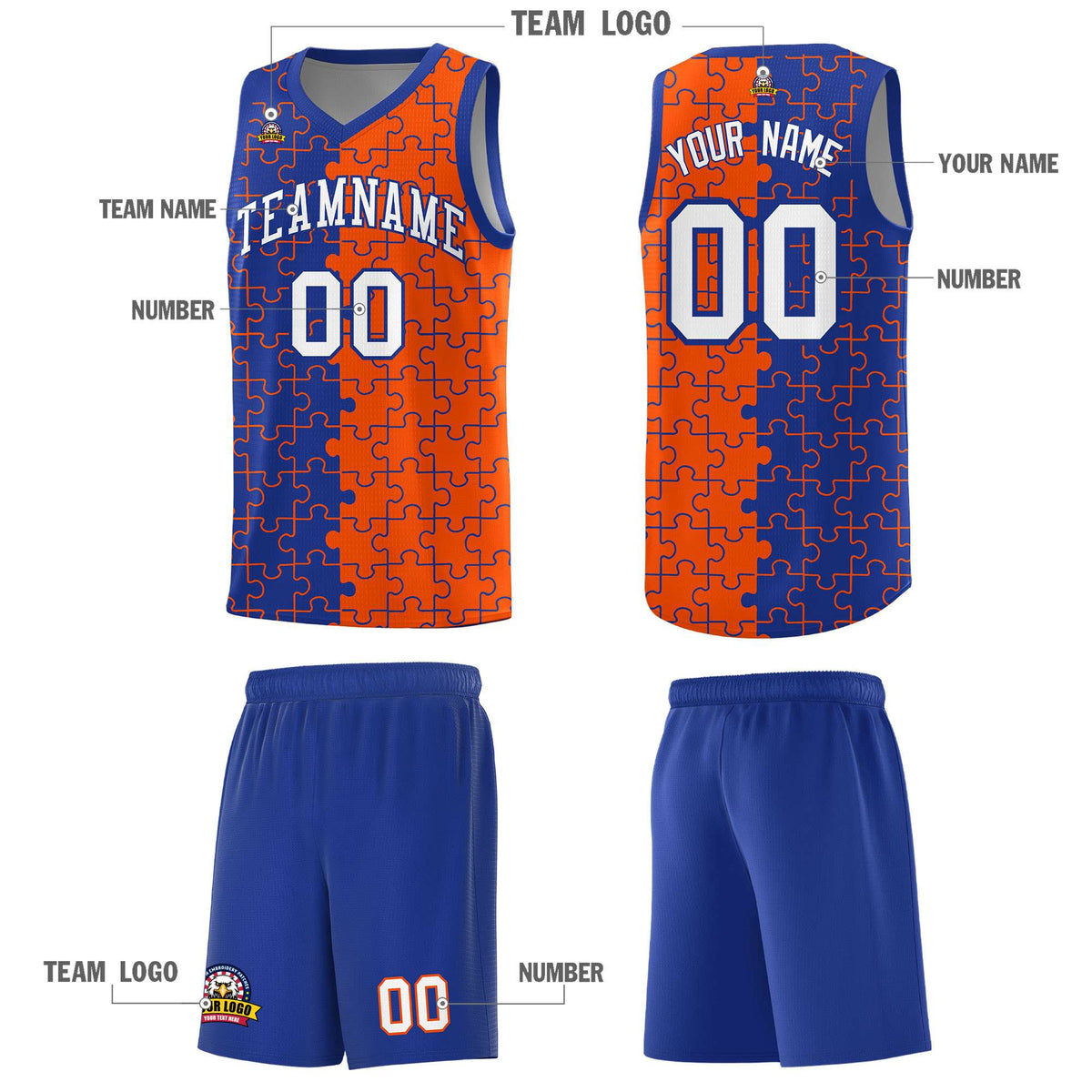 Custom Royal Orange Splid Basketball Kits With Puzzle Pattern