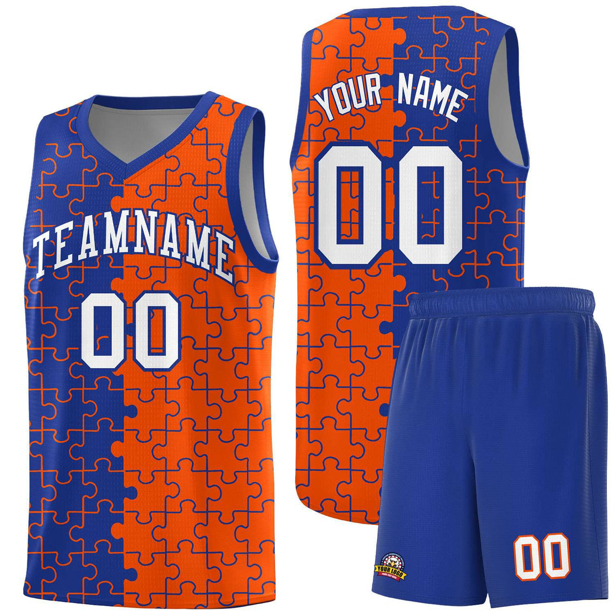 Custom Royal Orange Splid Basketball Kits With Puzzle Pattern
