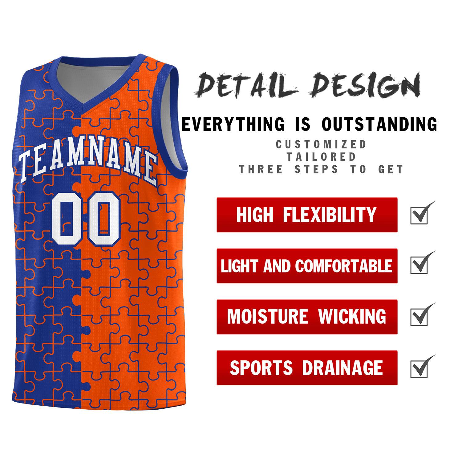 Custom Royal Orange Splid Basketball Kits With Puzzle Pattern