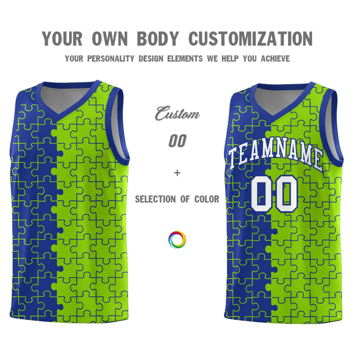 Custom Royal Neon Green Splid Basketball Kits With Puzzle Pattern