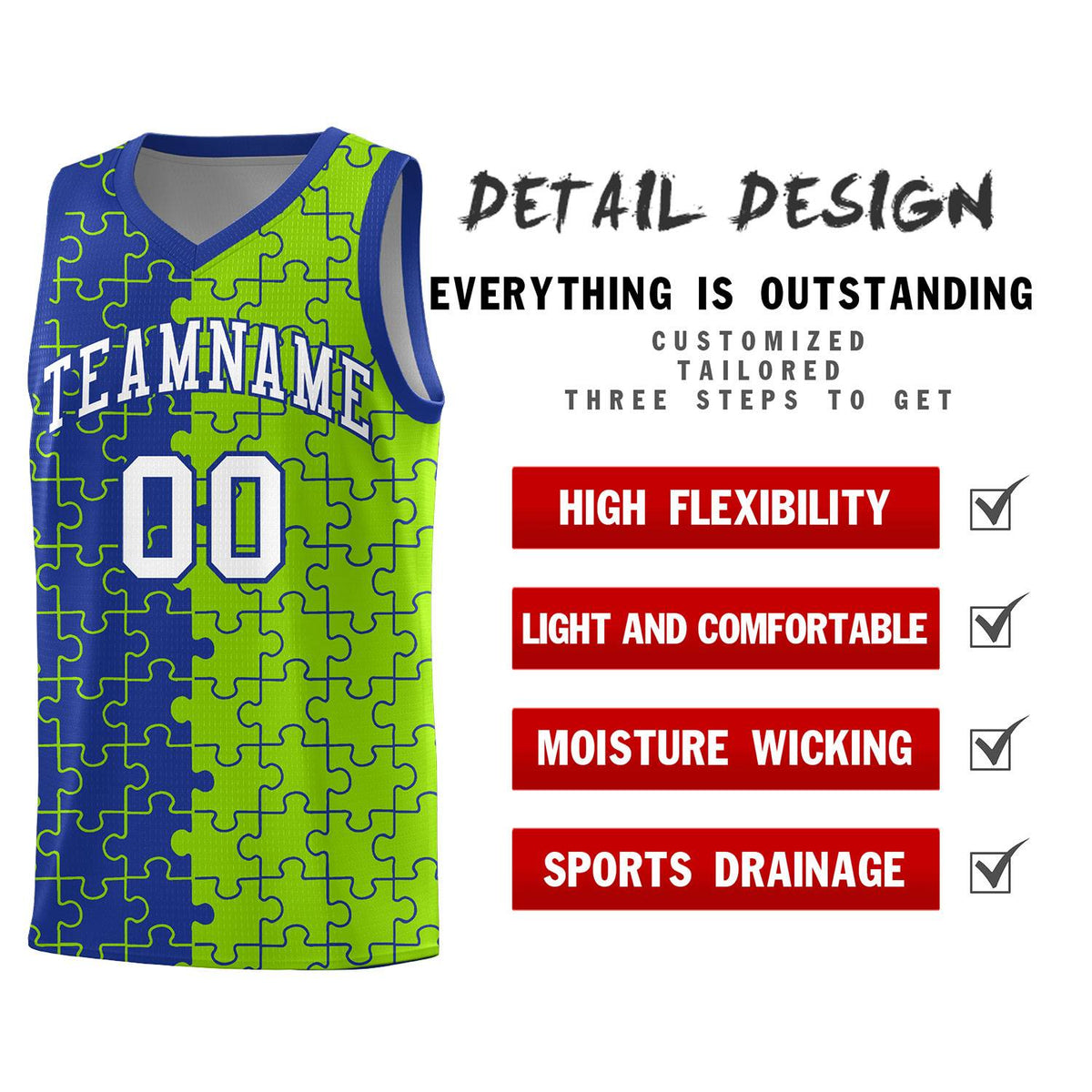 Custom Royal Neon Green Splid Basketball Kits With Puzzle Pattern