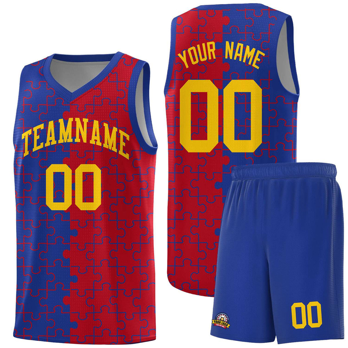 Custom Royal Red Splid Basketball Kits With Puzzle Pattern