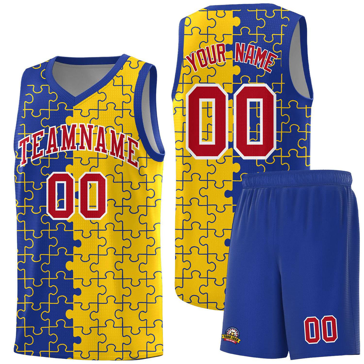 Custom Royal Gold Splid Basketball Kits With Puzzle Pattern