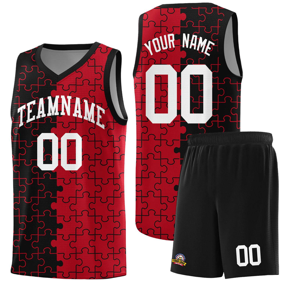 Custom Black Red Splid Basketball Kits With Puzzle Pattern