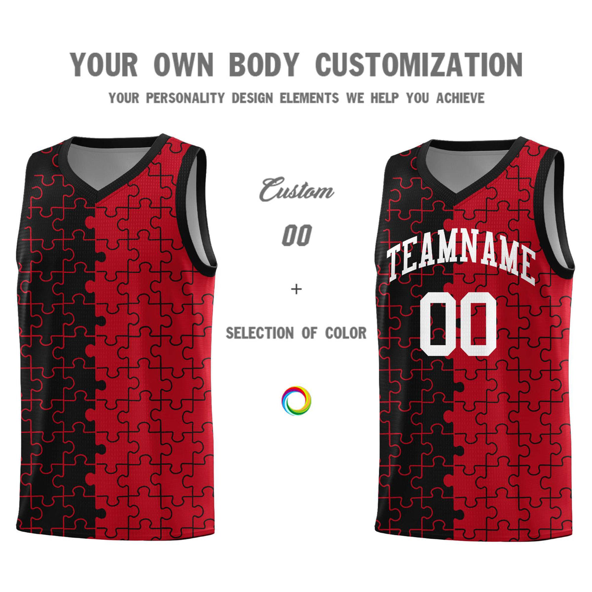 Custom Black Red Splid Basketball Kits With Puzzle Pattern