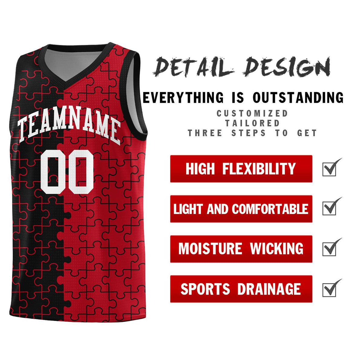 Custom Black Red Splid Basketball Kits With Puzzle Pattern
