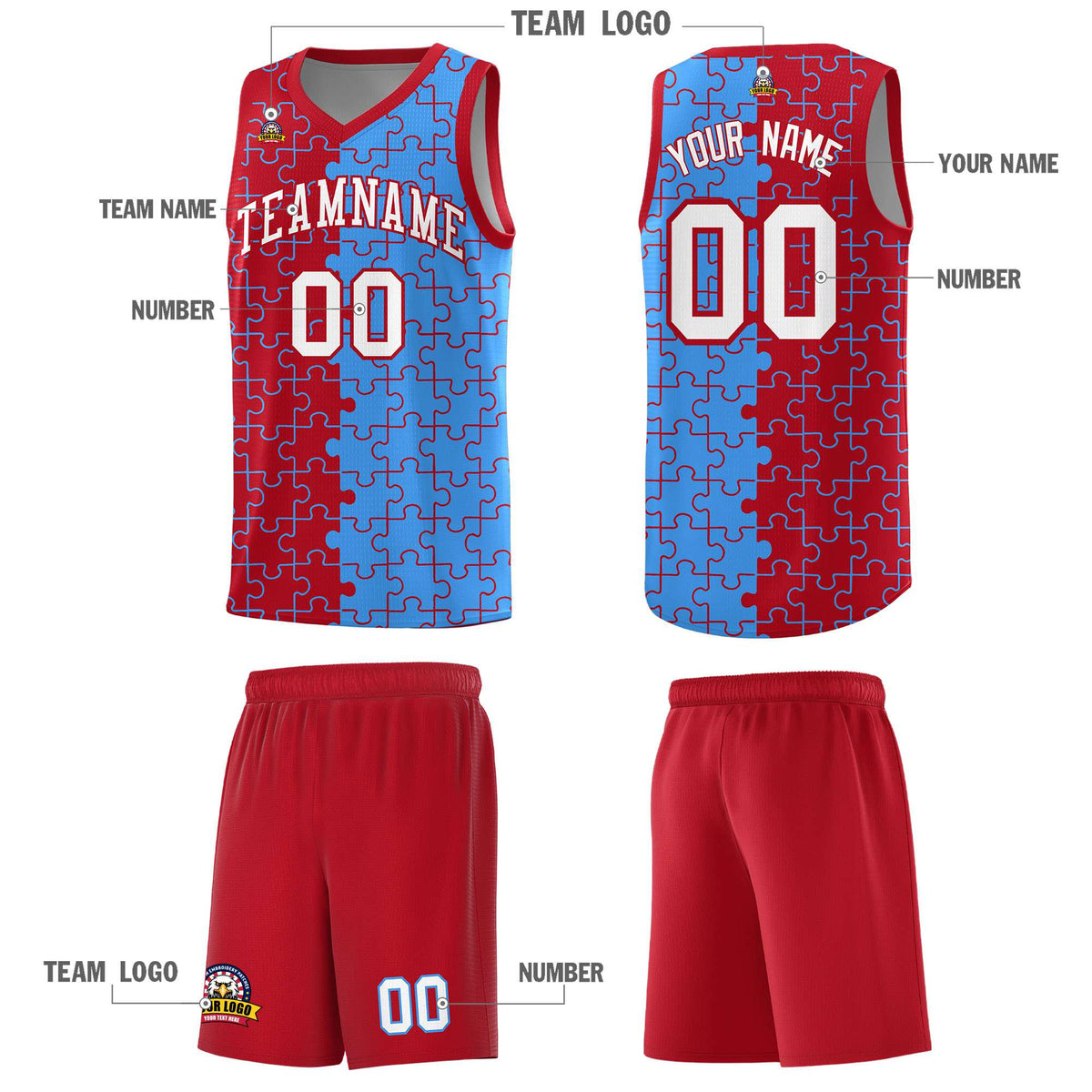 Custom Red Light Blue Splid Basketball Kits With Puzzle Pattern