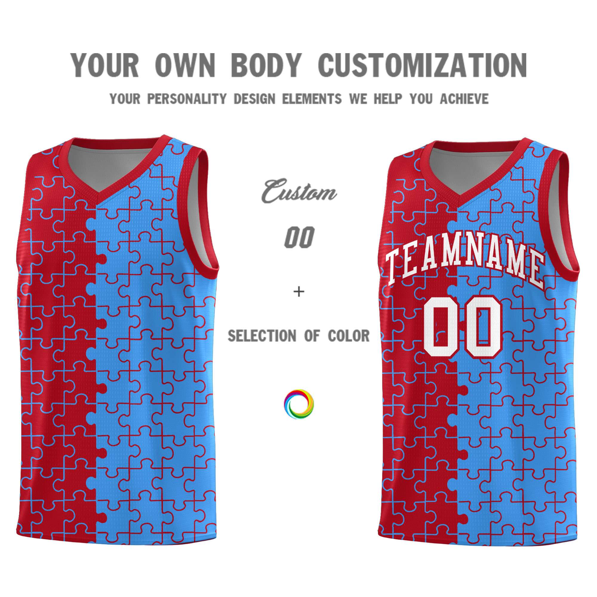 Custom Red Light Blue Splid Basketball Kits With Puzzle Pattern
