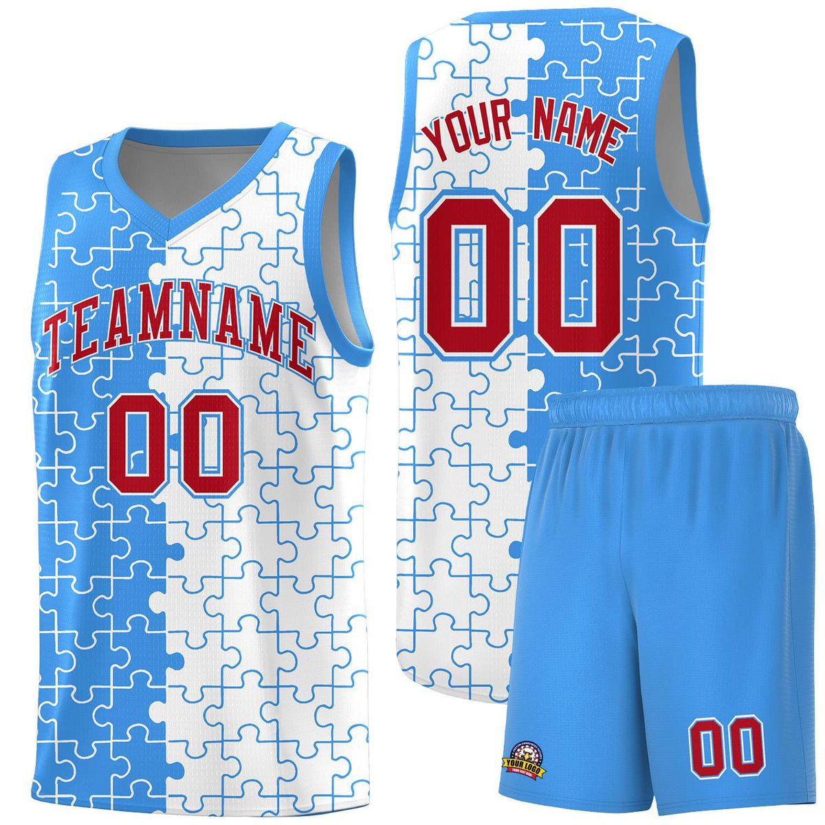 Custom Light Blue White Splid Basketball Kits With Puzzle Pattern