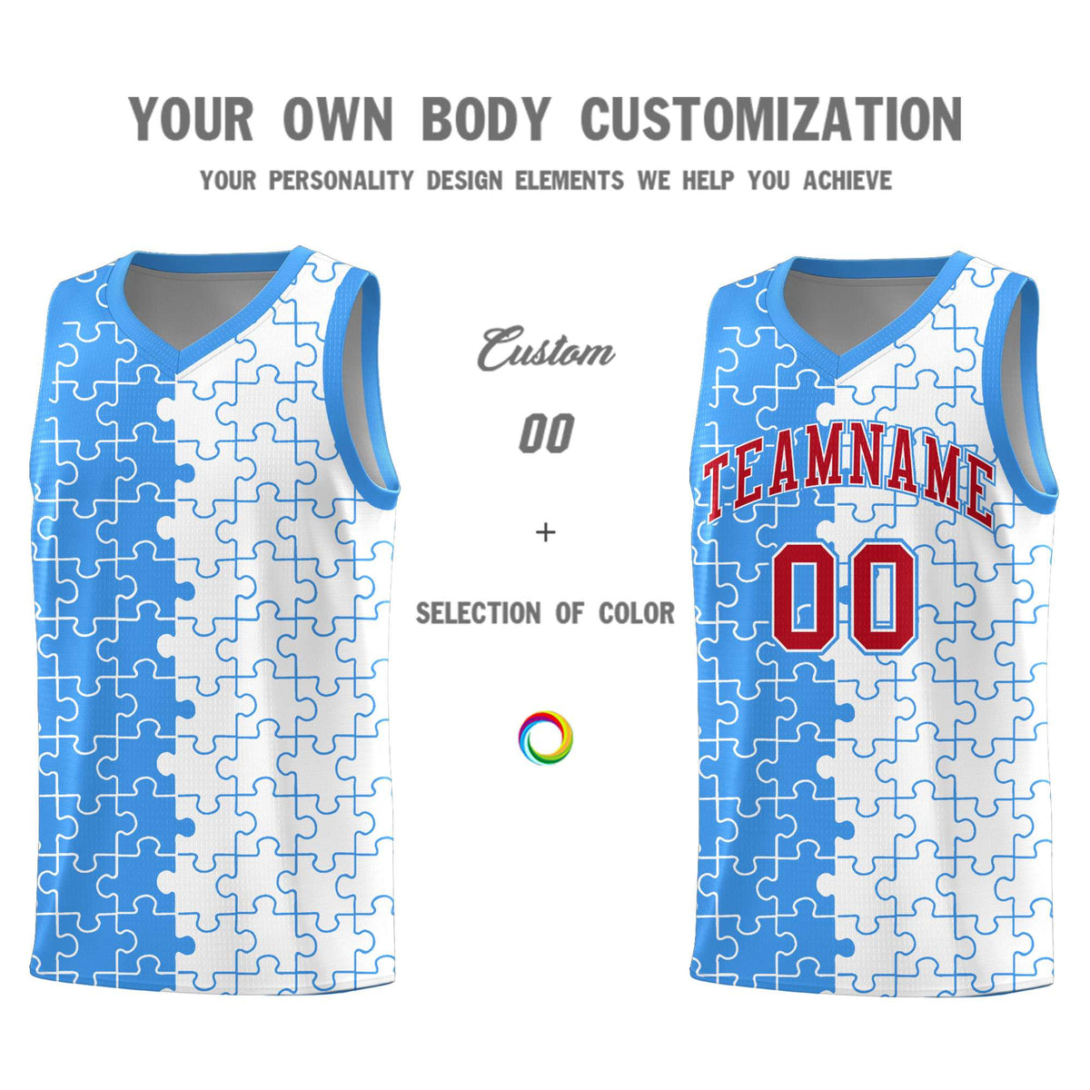 Custom Light Blue White Splid Basketball Kits With Puzzle Pattern