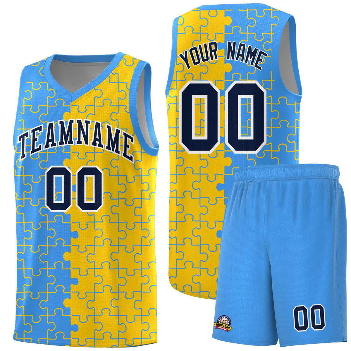 Custom Light Blue Gold Splid Basketball Kits With Puzzle Pattern