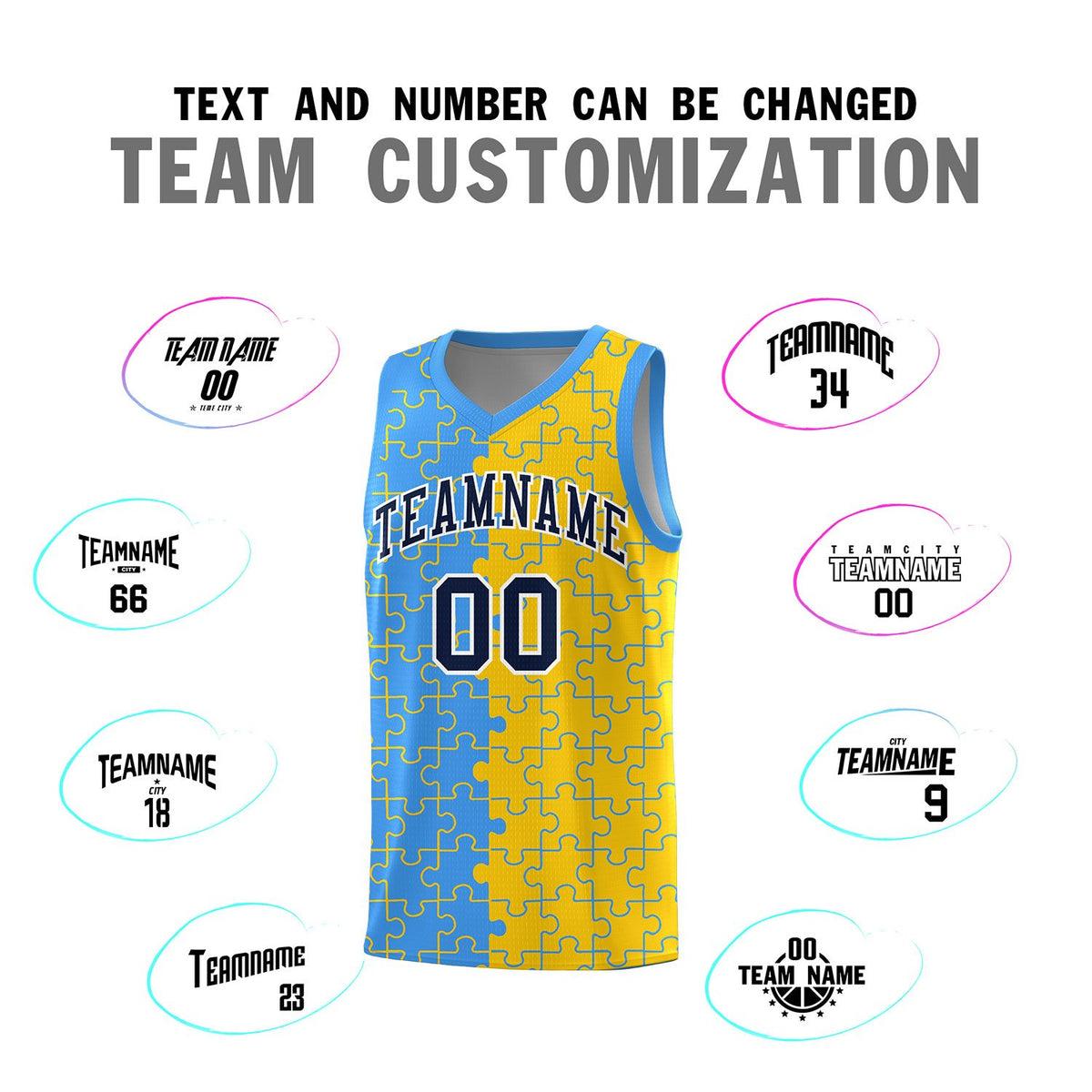 Custom Light Blue Gold Splid Basketball Kits With Puzzle Pattern