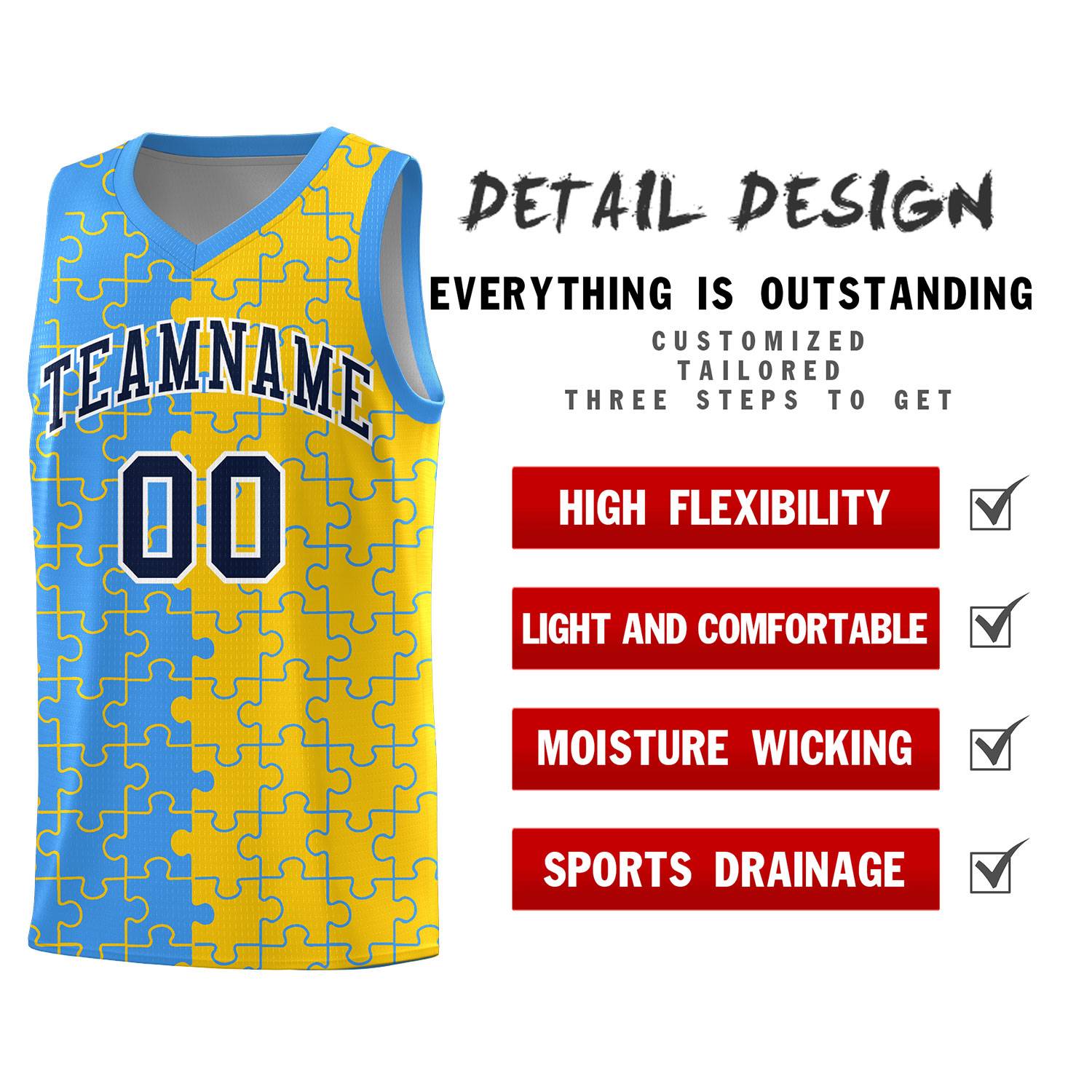 Custom Light Blue Gold Splid Basketball Kits With Puzzle Pattern