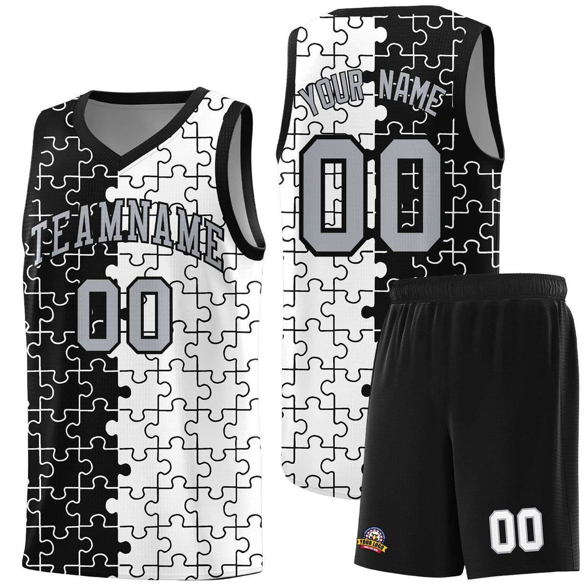 Custom Black White Splid Basketball Kits With Puzzle Pattern