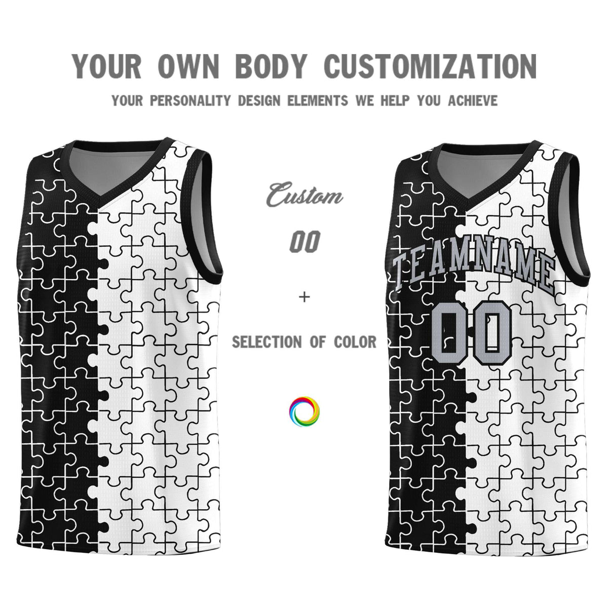 Custom Black White Splid Basketball Kits With Puzzle Pattern