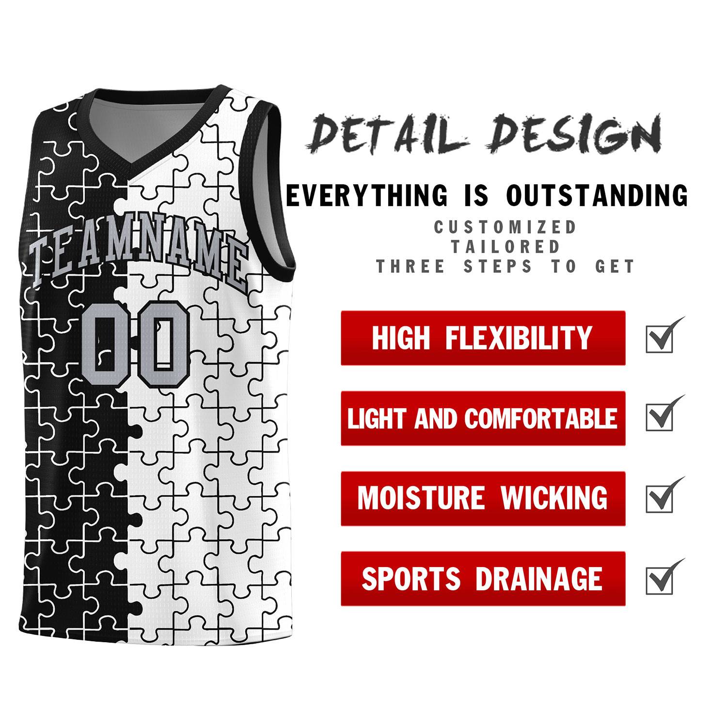 Custom Black White Splid Basketball Kits With Puzzle Pattern