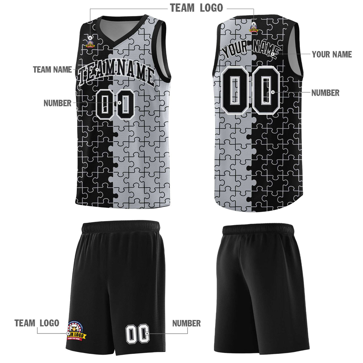 Custom Black Gray Splid Basketball Kits With Puzzle Pattern