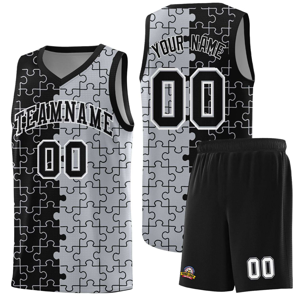 Custom Black Gray Splid Basketball Kits With Puzzle Pattern