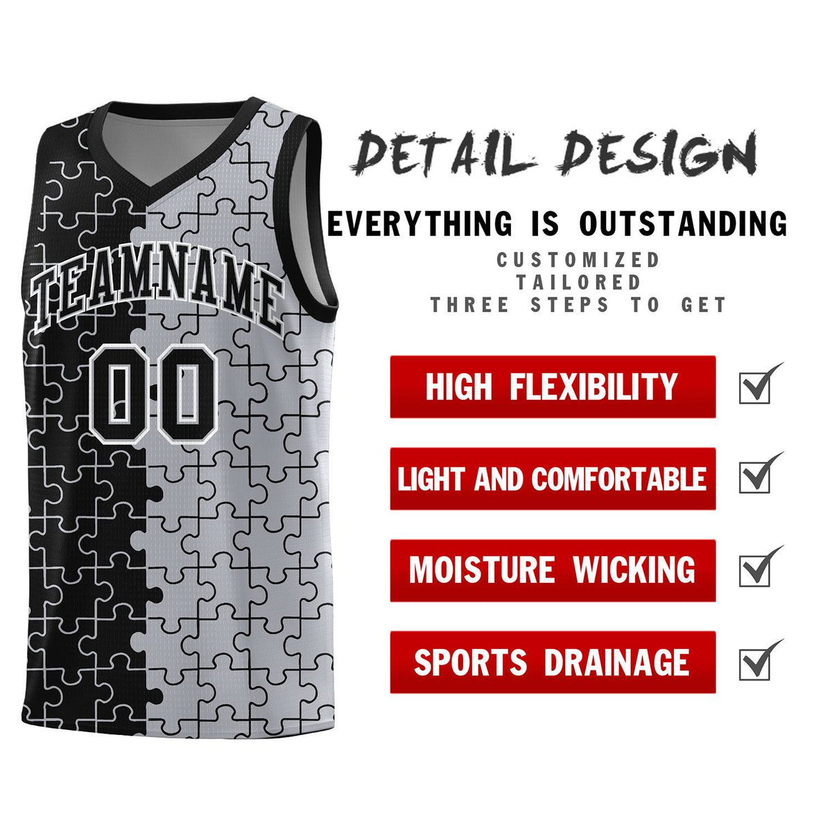 Custom Black Gray Splid Basketball Kits With Puzzle Pattern