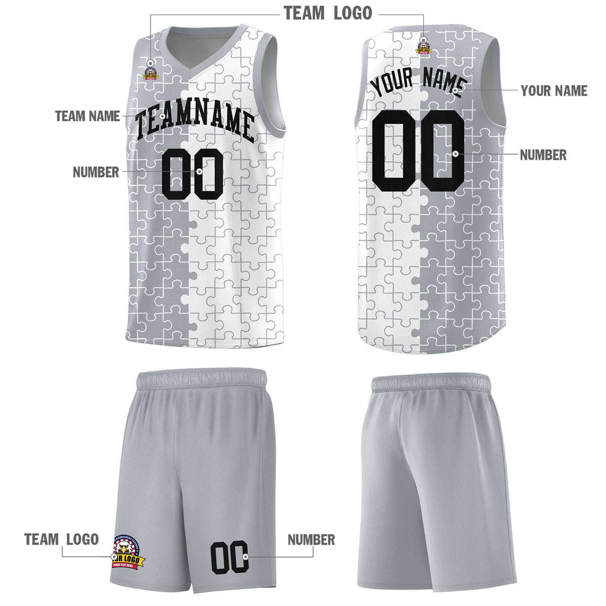 Custom Gray White Splid Basketball Kits With Puzzle Pattern