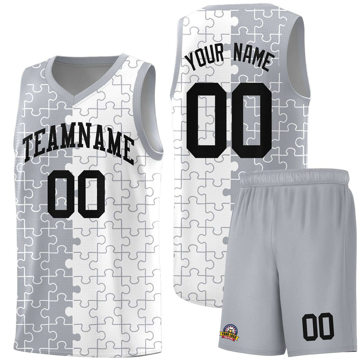 Custom Gray White Splid Basketball Kits With Puzzle Pattern