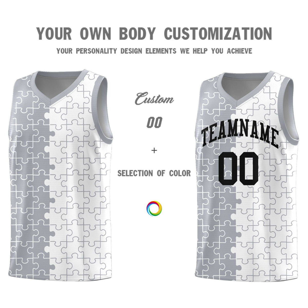 Custom Gray White Splid Basketball Kits With Puzzle Pattern