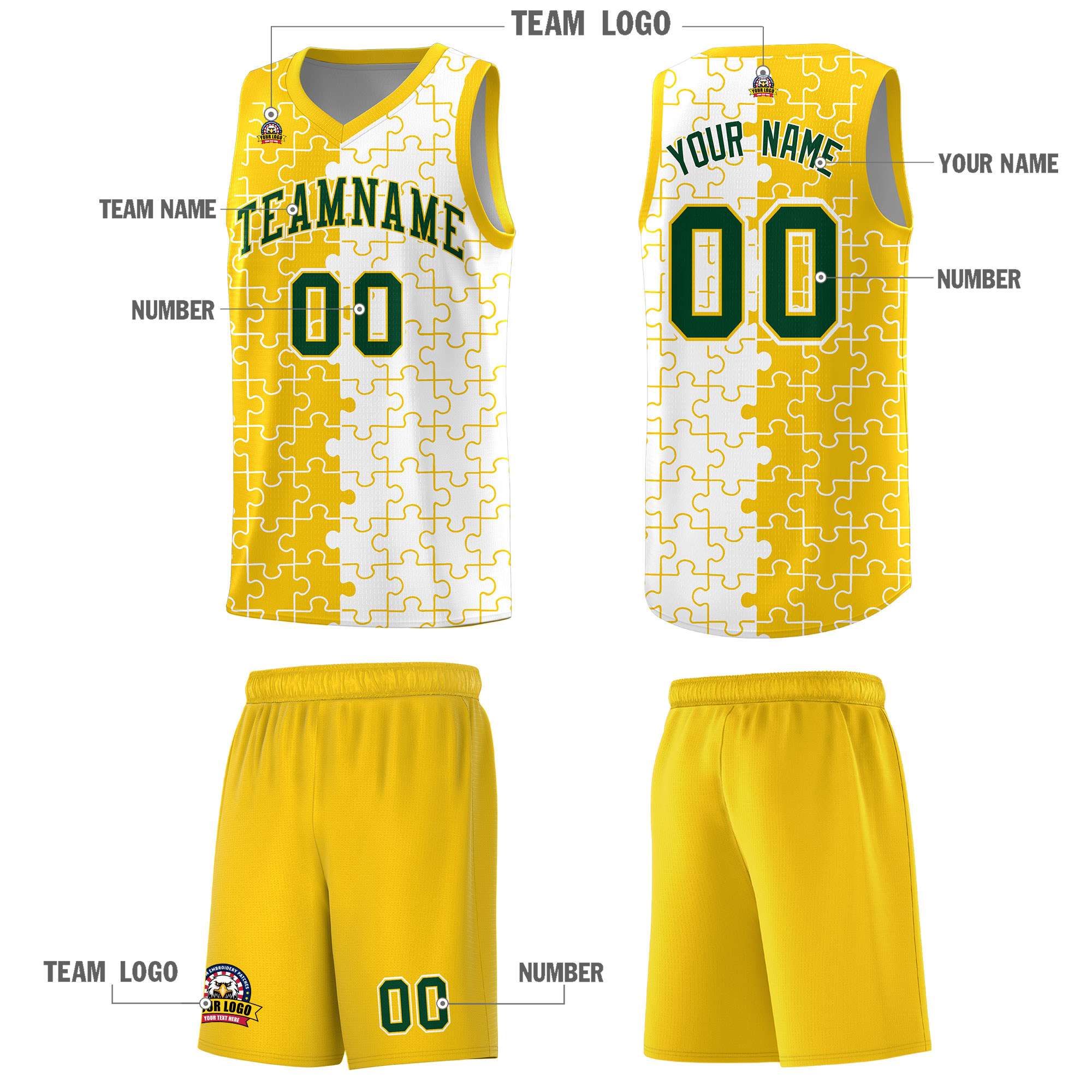 Custom Gold White Splid Basketball Kits With Puzzle Pattern