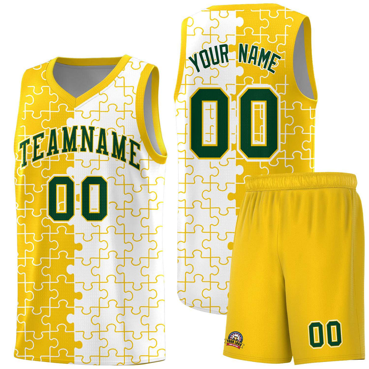 Custom Gold White Splid Basketball Kits With Puzzle Pattern