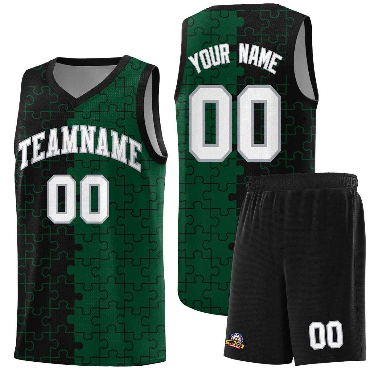 Custom Black Green Splid Basketball Kits With Puzzle Pattern