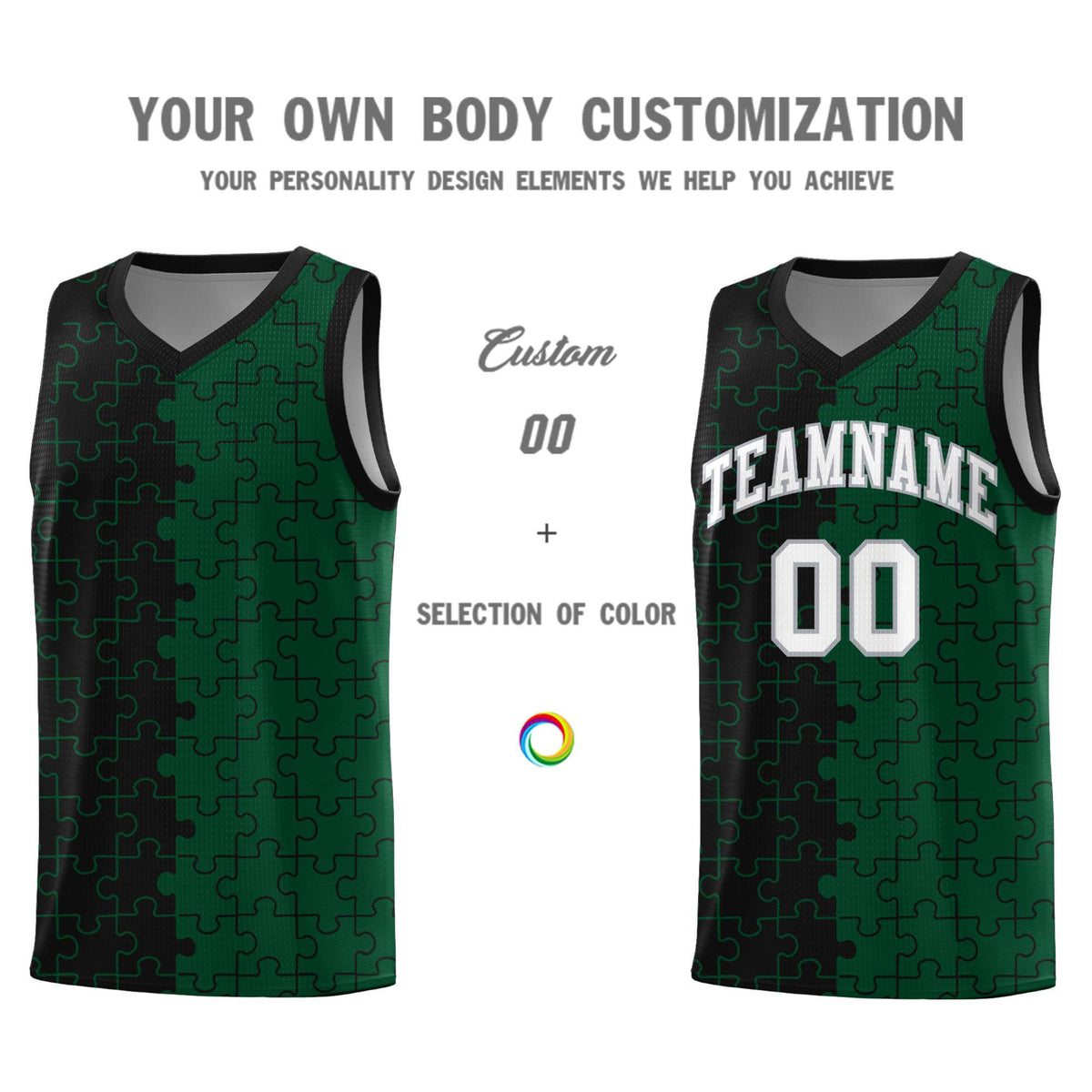 Custom Black Green Splid Basketball Kits With Puzzle Pattern