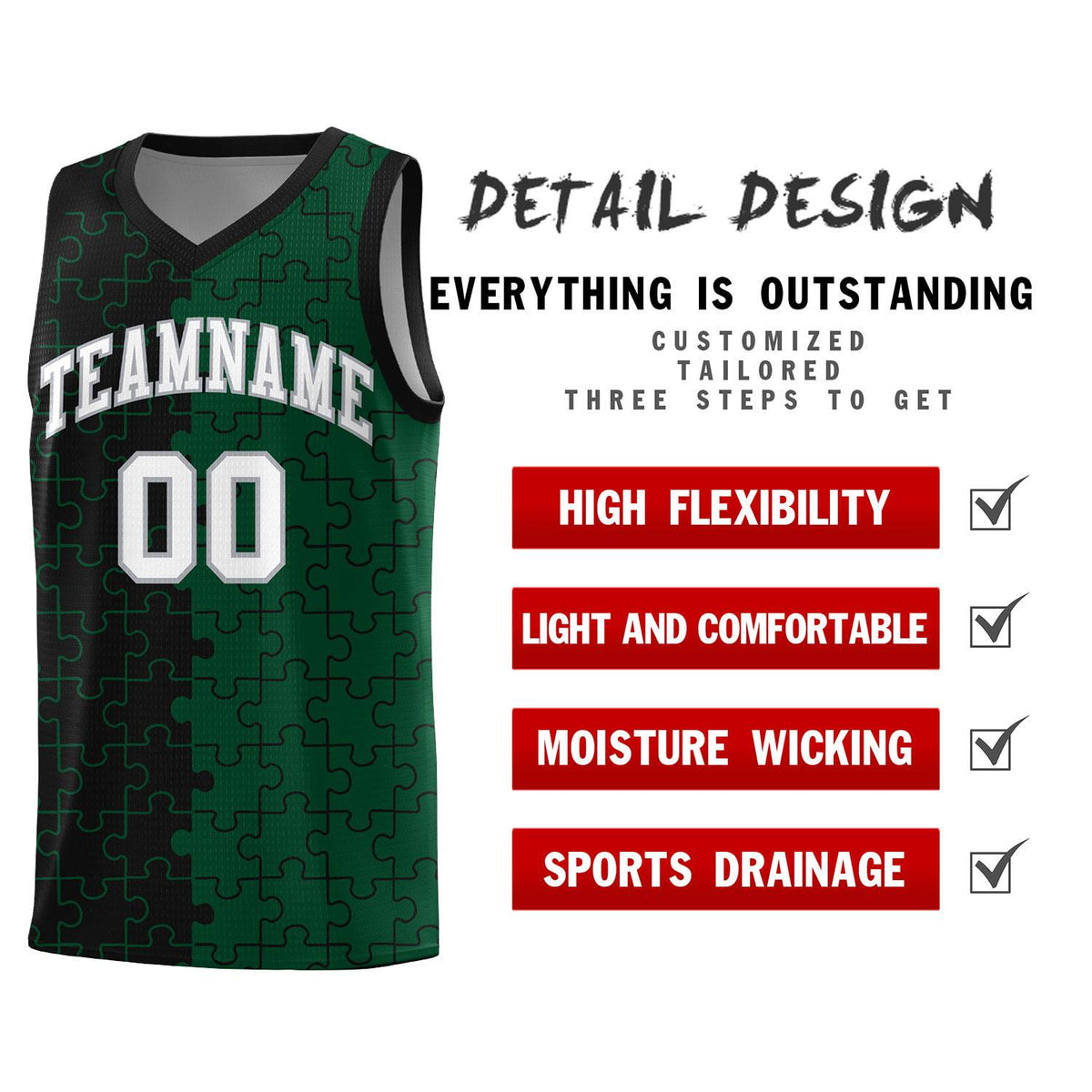 Custom Black Green Splid Basketball Kits With Puzzle Pattern