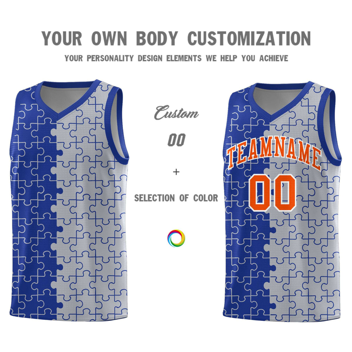 Custom Royal Gray Splid Basketball Kits With Puzzle Pattern
