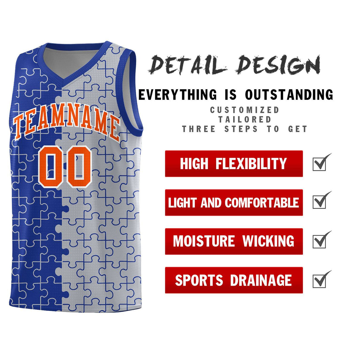 Custom Royal Gray Splid Basketball Kits With Puzzle Pattern