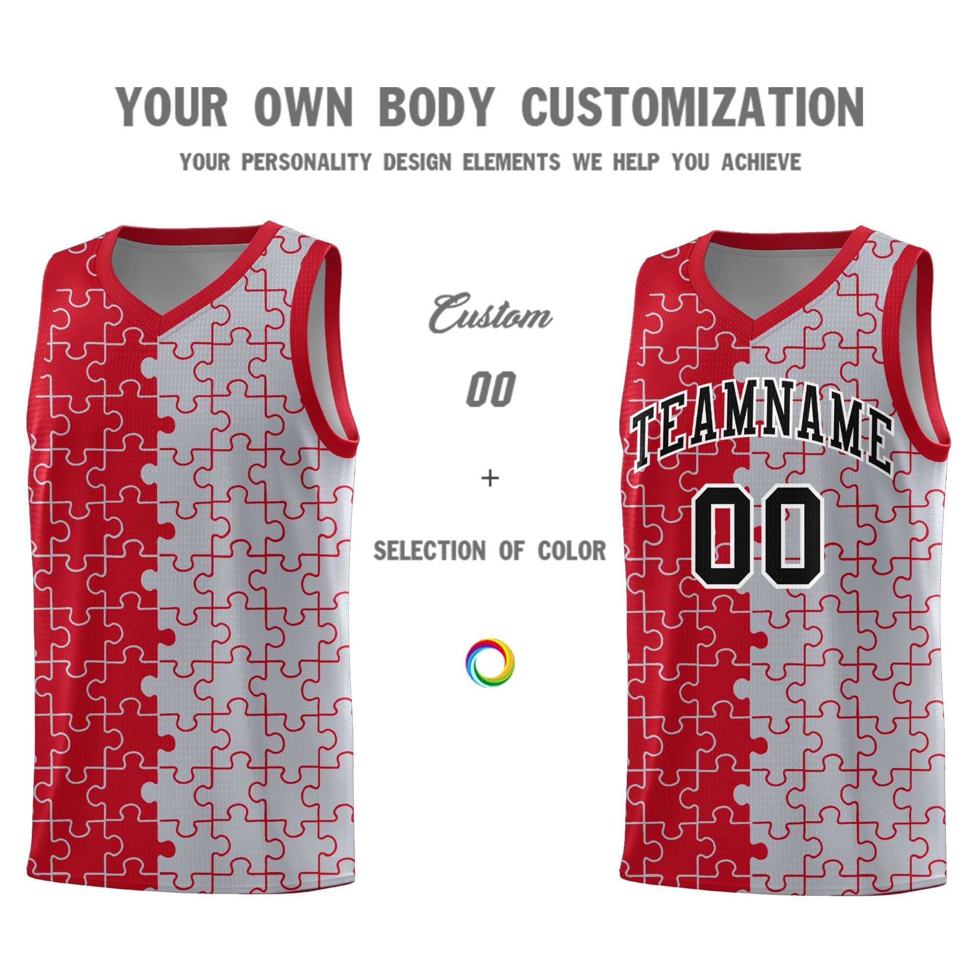 Custom Red Gray Splid Basketball Kits With Puzzle Pattern