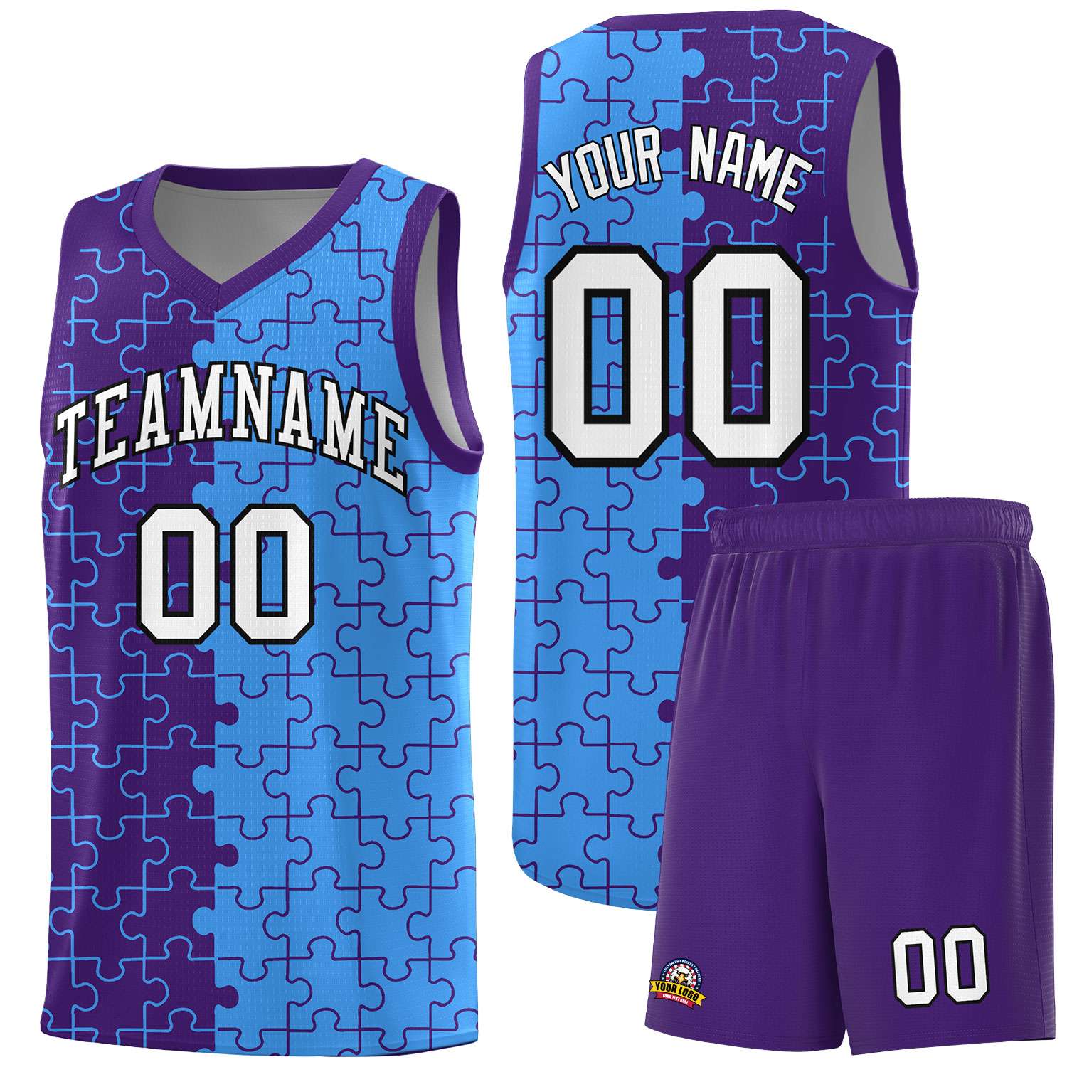 Custom Purple Light Blue Splid Basketball Kits With Puzzle Pattern