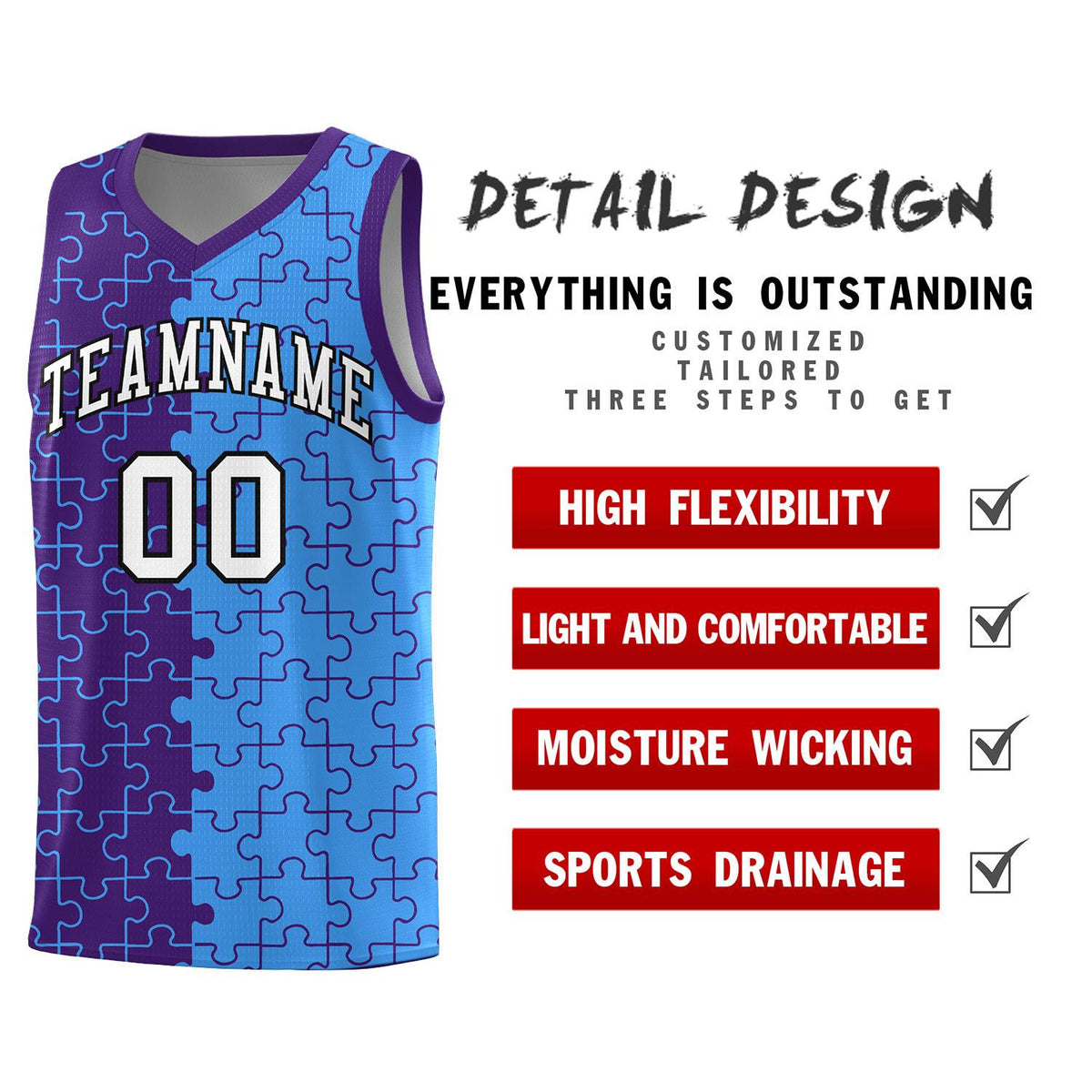 Custom Purple Light Blue Splid Basketball Kits With Puzzle Pattern