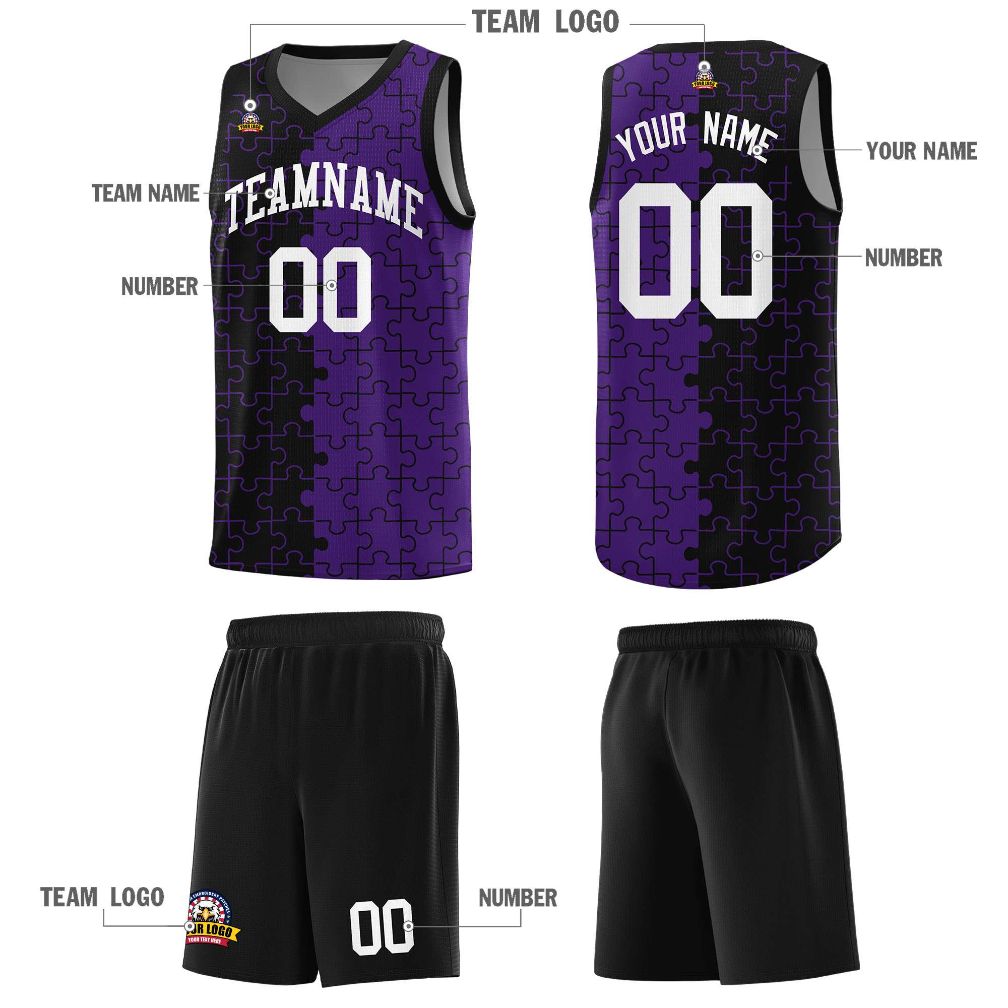 Custom Black Purple Splid Basketball Kits With Puzzle Pattern
