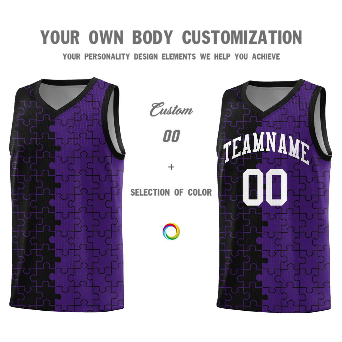 Custom Black Purple Splid Basketball Kits With Puzzle Pattern