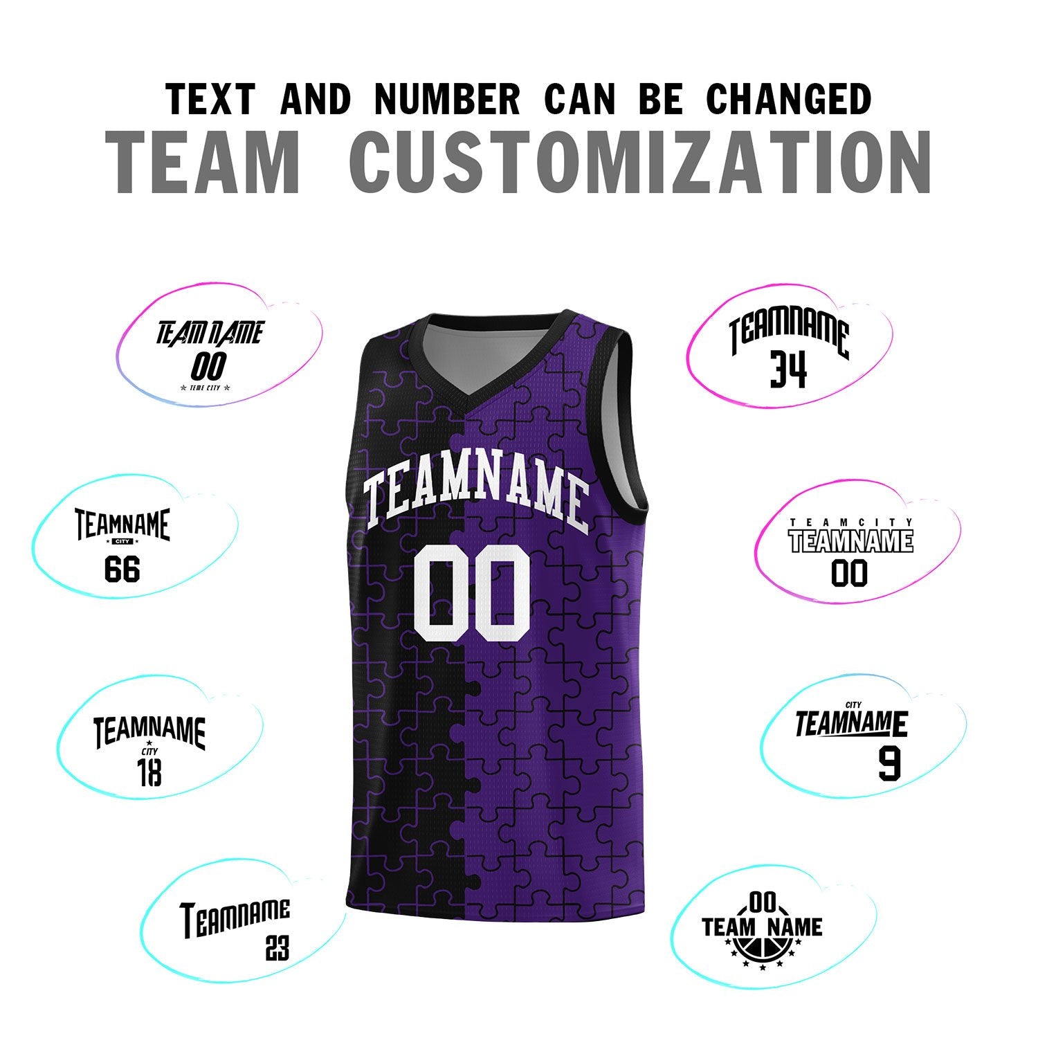 Custom Black Purple Splid Basketball Kits With Puzzle Pattern