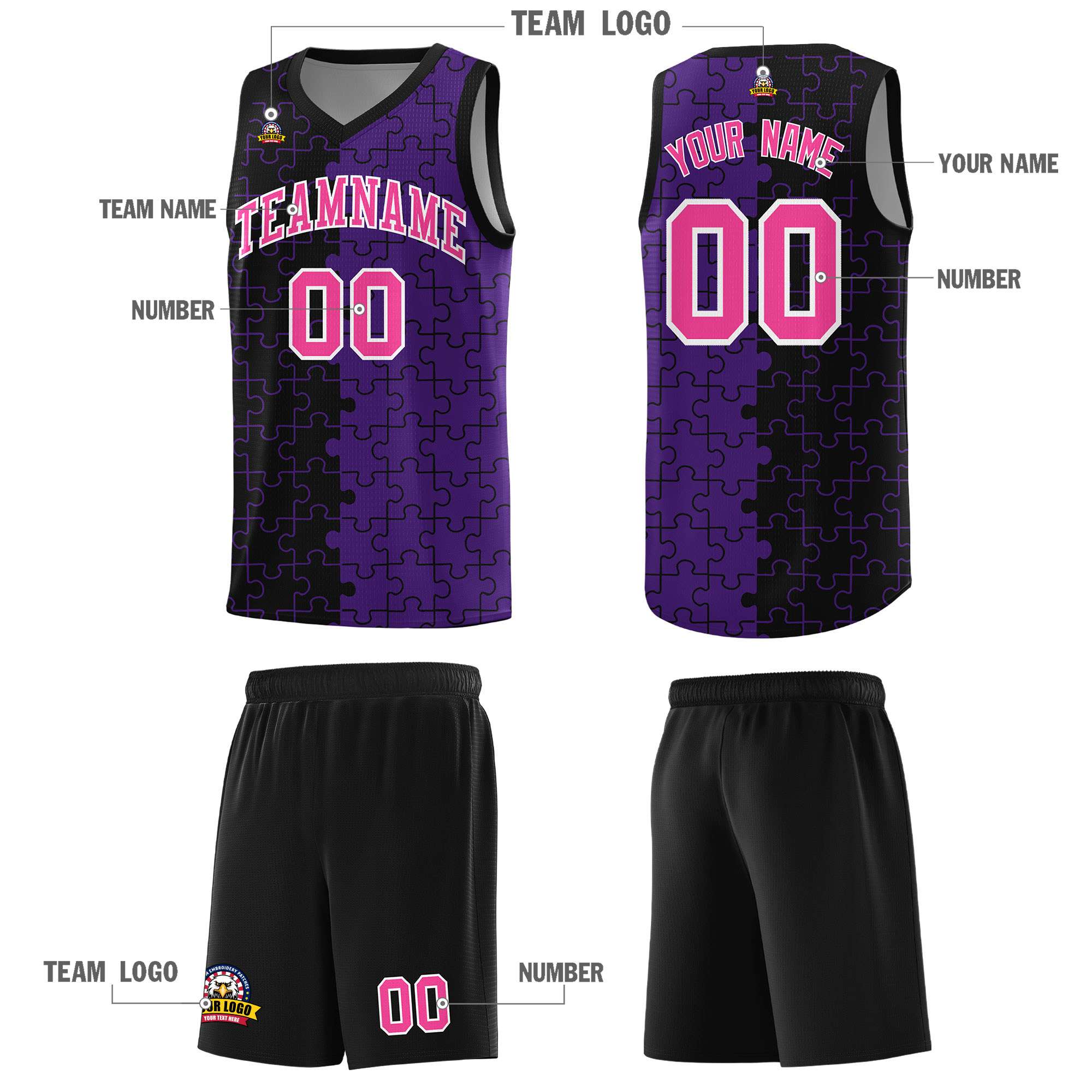 Custom Black Purple Splid Basketball Kits With Puzzle Pattern
