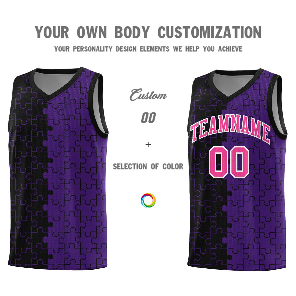 Custom Black Purple Splid Basketball Kits With Puzzle Pattern