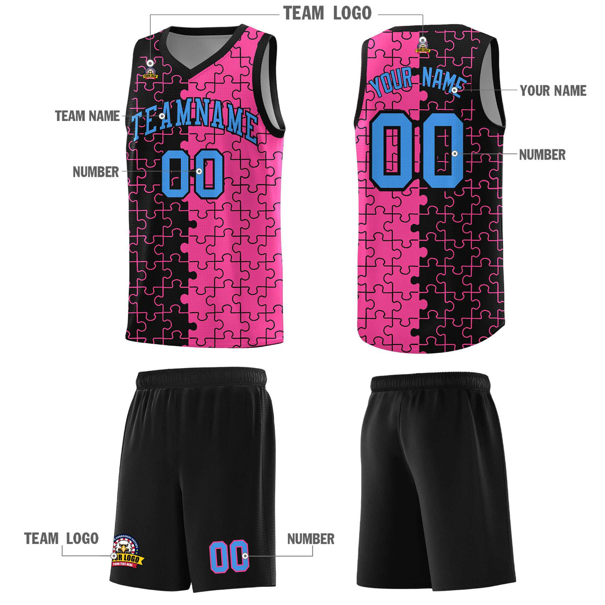 Custom Black Pink Splid Basketball Kits With Puzzle Pattern
