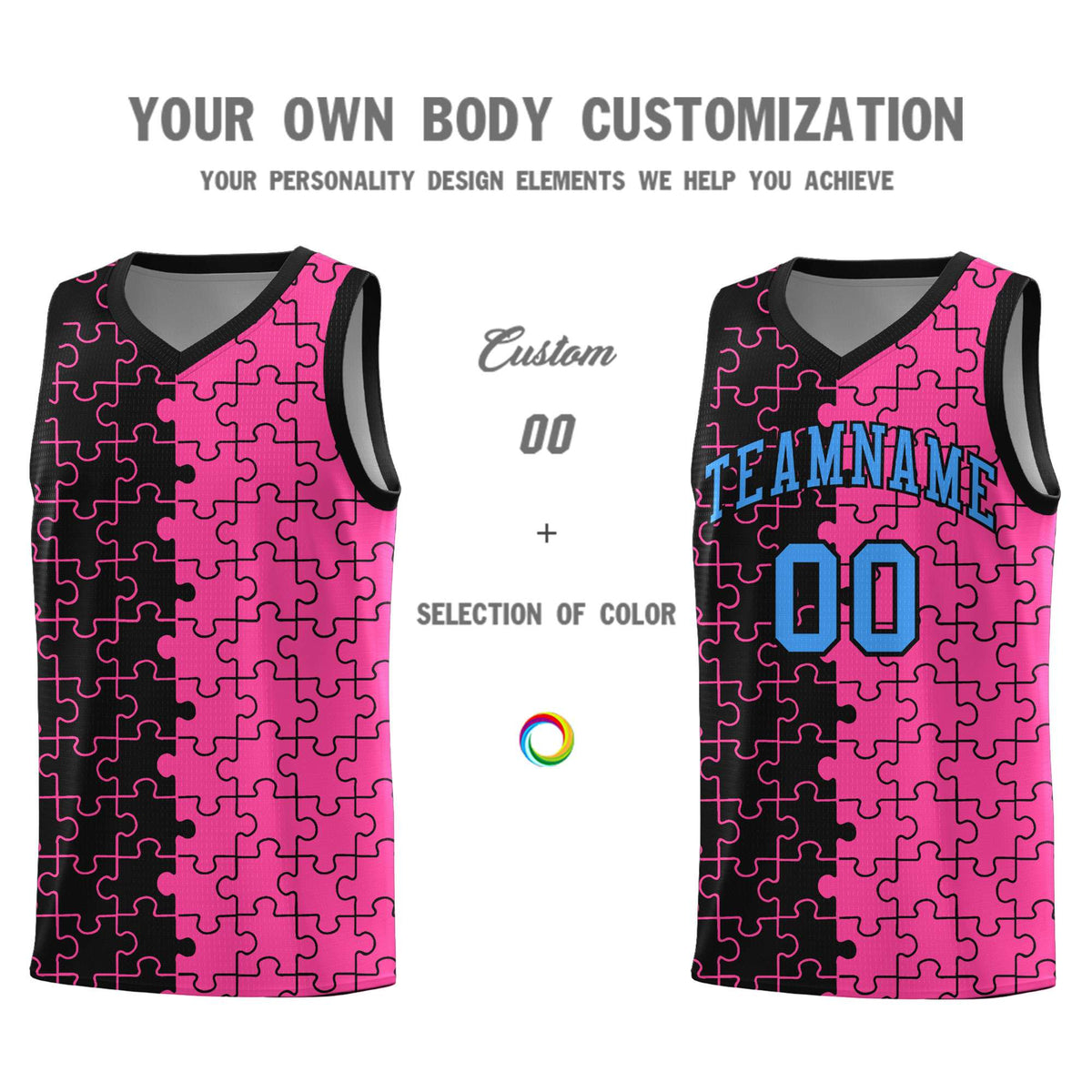 Custom Black Pink Splid Basketball Kits With Puzzle Pattern