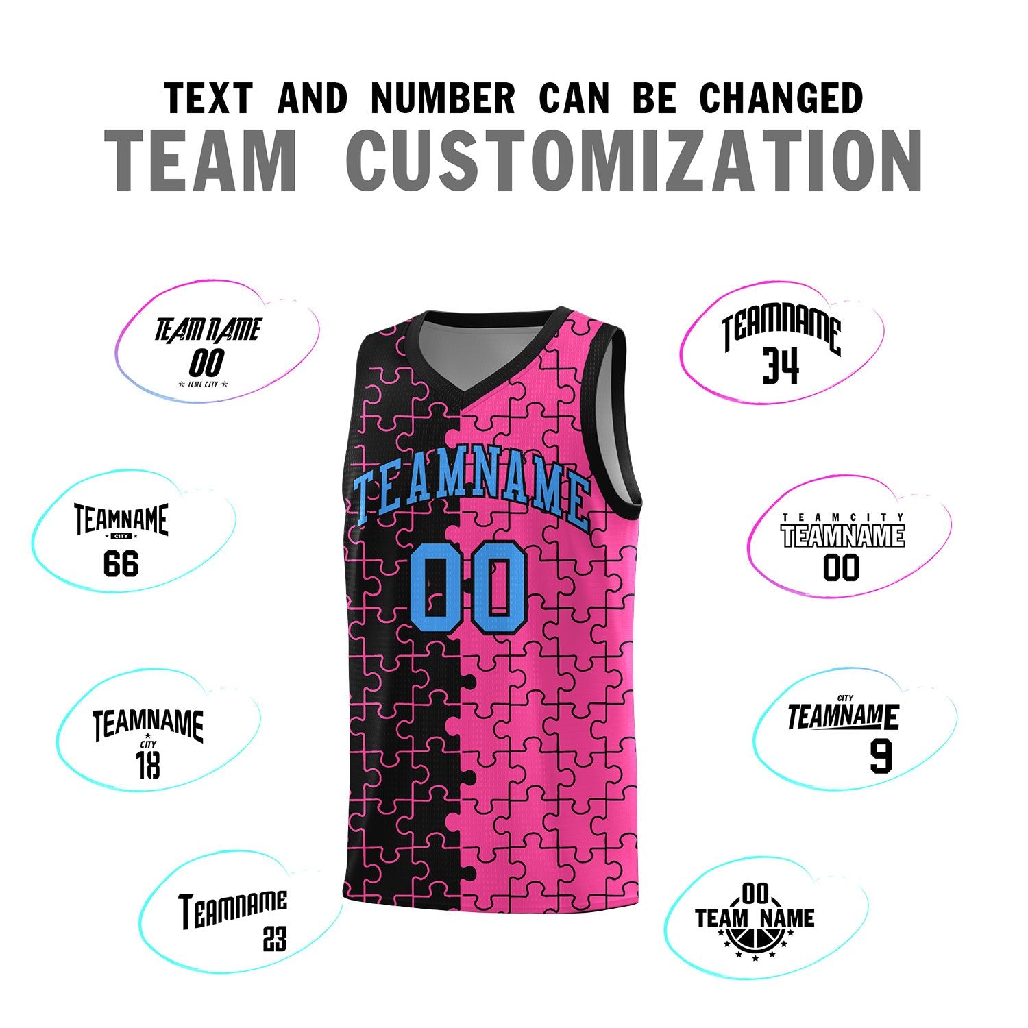 Custom Black Pink Splid Basketball Kits With Puzzle Pattern