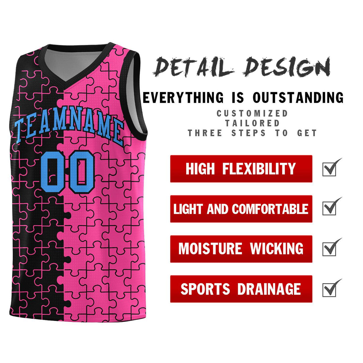 Custom Black Pink Splid Basketball Kits With Puzzle Pattern
